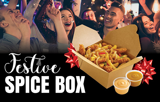Image shows a group of people celebrating a night out with the words Festive Spice Box, the name of a special offer available this Christmas at your local greyhound Stadium