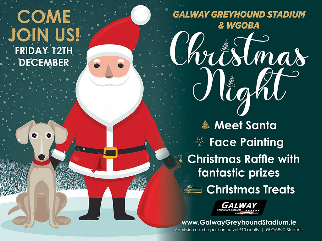 Enjoy a festive night out for all the family this Friday 12th December at Galway Greyhound Stadium Picture shows a cartoon image of Santa and a greyhound with text to promote the festive family night at Galway Greyhound Stadium