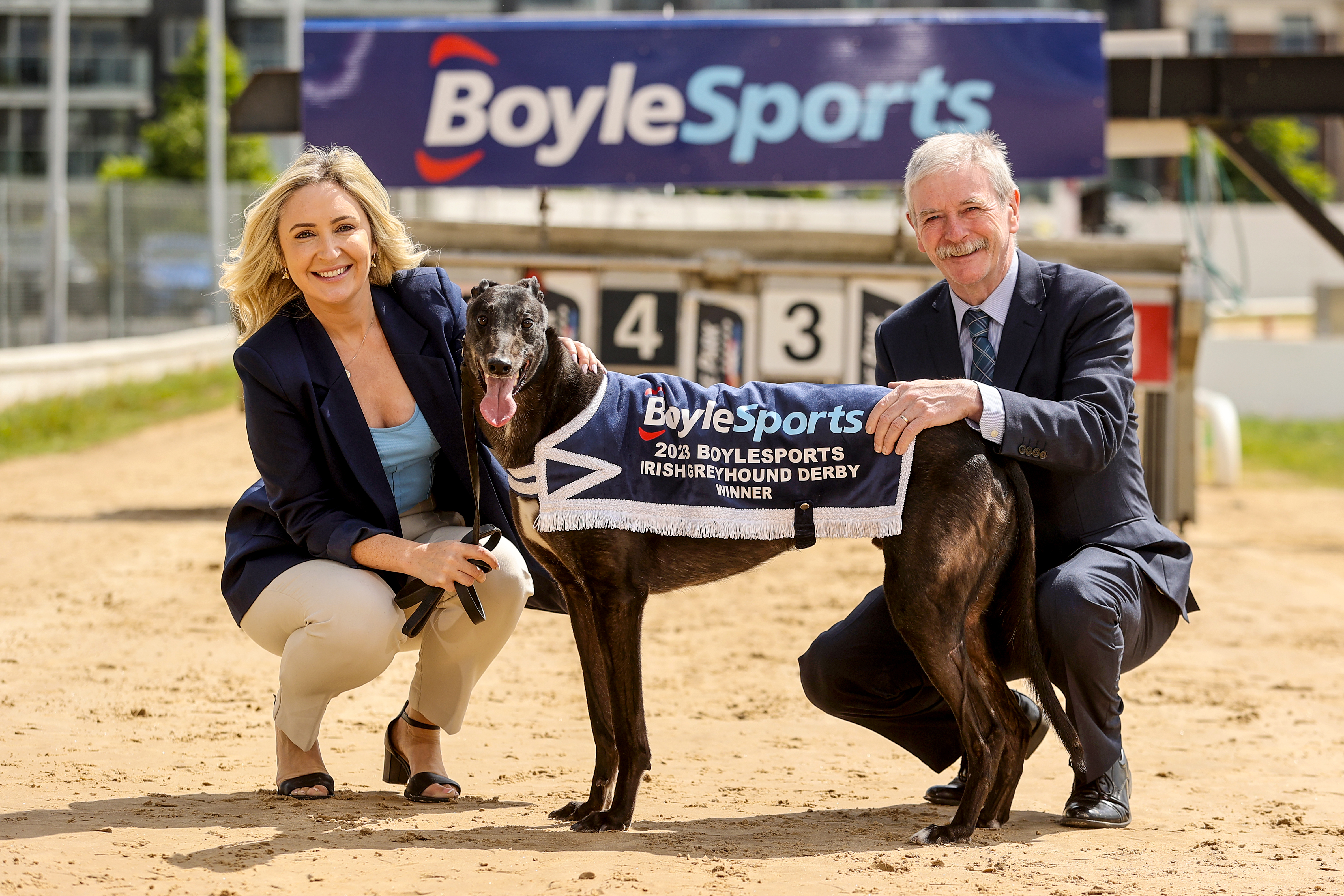 Sharon McHugh, BoyleSports Head of PR and Sponsorship, and John Tuohey, Interim CEO of Greyhound Racing Ireland, pictured at the launch of the 2023 BoyleSports Irish Greyhound Derby at Dublin’s Shelbourne Park Greyhound Stadium, where it was announced that BoyleSports is extending its sponsorship of the event for a further three-years. 