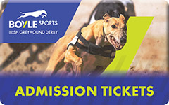 Image shows a blue button with BOYLE Sports Irish Greyhound Derby logo and a picture of a  greyhound racing and the words Admission Tickets