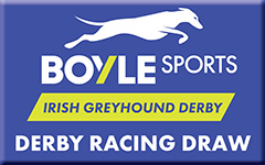 Image shows a blue button with BOYLE Sports Irish Greyhound Derby logo and the words Derby Racing Draw
