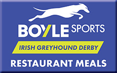 Image shows a blue button with BOYLE Sports Irish Greyhound Derby logo and the words Restaurant Meals
