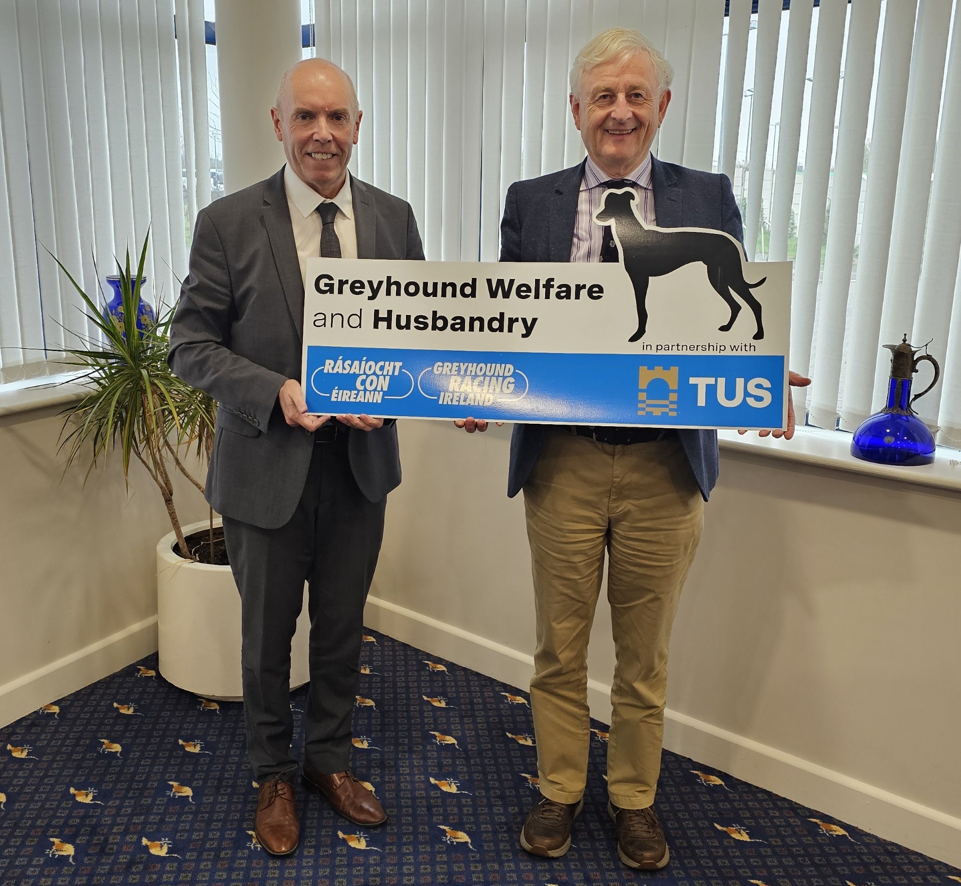 Picture shows two men, Tim Lucey CEO and Pat Meskell Director of Veterinary Services at Greyhound Racing Ireland announcing the new education opportunities for the greyhound community at TUS