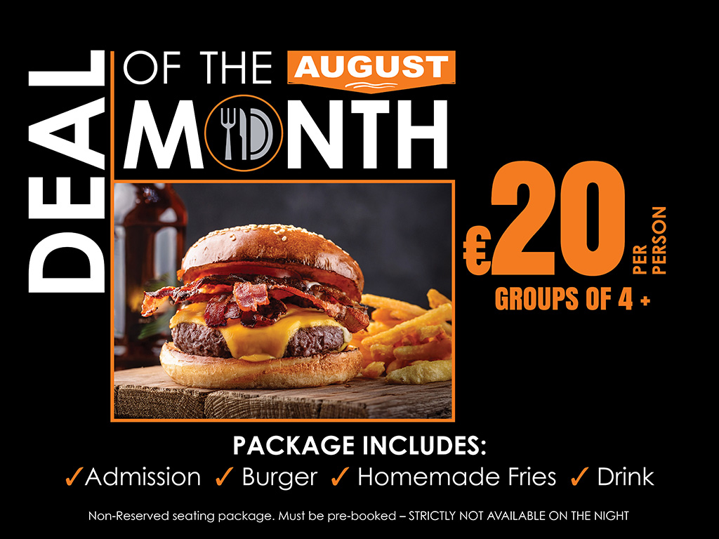 Searching for a great value night out this August? The latest Deal of the Month at Galway Greyhound Stadium offers entertainment, food and drink at an excellent price. Image shows a promotional graphic for the August Deal of the Month at Galway Greyhound Stadium. It features a black background with white and orange text outlining the offer and a picture of a burger.