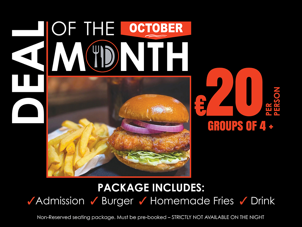 Image shows a promotional graphic for the October Deal of the Month at Galway Greyhound Stadium. It features a black background with white and orange text outlining the offer and a picture of a burger. 