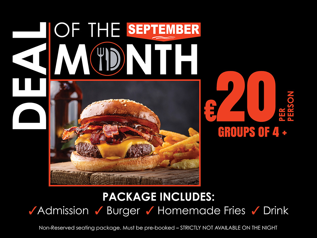 Searching for a great value night out this September? The latest Deal of the Month at Galway Greyhound Stadium offers entertainment, food and drink at an excellent price. Image shows a promotional graphic for the September Deal of the Month at Galway Greyhound Stadium. It features a black background with white and orange text outlining the offer and a picture of a burger.