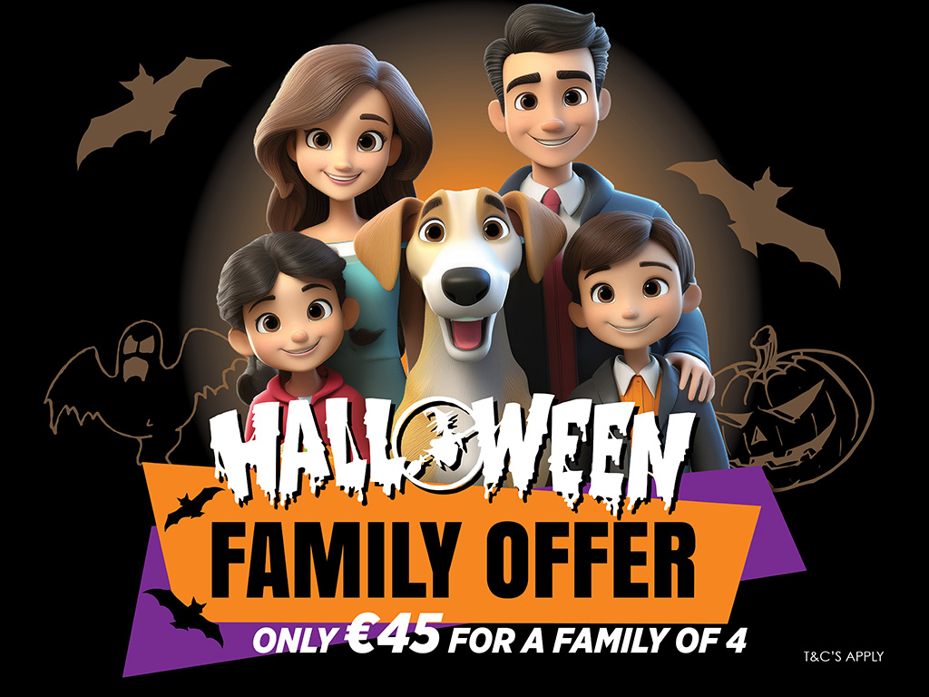 Enjoy a fun night out with the family this Halloween at Limerick Greyhound Stadium with an excellent value offer available this October Image shows a cartoon family consisting of two adults, two children and a dog, with Halloween-themed graphics and text promoting the Halloween Family Offer at Limerick Greyhound Stadium