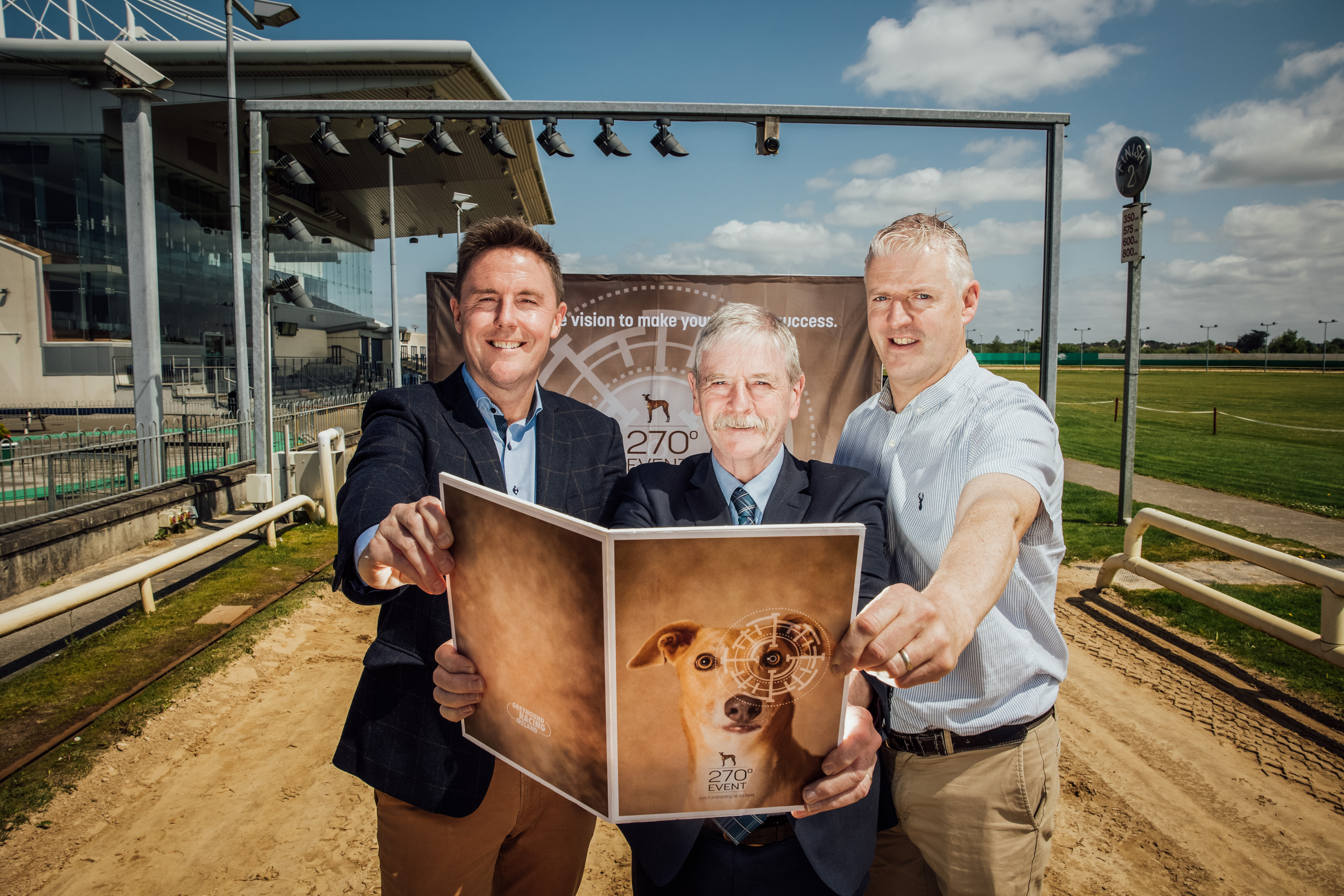 Pictures shows:  Leon Blanche (Commercial Director), John Tuohey, Interim CEO of Greyhound Racing Ireland and Brian Collins, Racing Manager, Curraheen Park Greyhound Stadium launching the new-look fundraising brochure and options, available now to book at GRI stadia nationwide for clubs, organisations, schools & charities.  