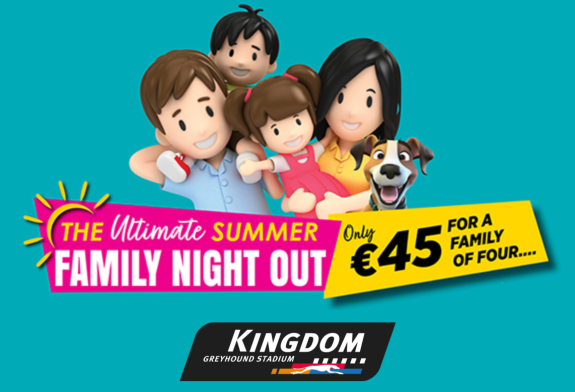 Image shows a 3D cartoon family with parents and 2 children and a dog against a teal background and text which highlights the details of the summer family offer available at Kingdom Greyhound Stadium in 2026