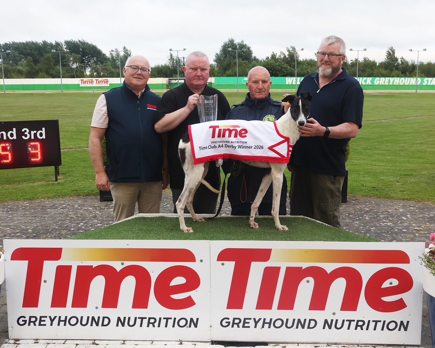 Willie Rigney presents Kevin, Alan and Donagh McLean after Kerryroad Al won the 2026 Time Club Derby Final Image shows Willie Rigney presents Kevin, Alan and Donagh McLean after Kerryroad Al won the 2026 Time Club Derby Final