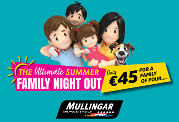 Image shows a 3D cartoon family with parents and 2 children and a dog against a teal background and text which highlights the details of the summer family offer available at Mullingar Greyhound Stadium in 2026