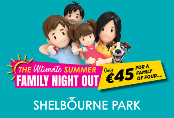 Enjoy a fun night out with the family this summer at Shelbourne Park Greyhound Stadium, with an excellent value offer available this June, July and August Image shows a 3D cartoon family with parents and 2 children and a dog against a teal background and text which highlights the details of the summer family offer available at Shelbourne Park Greyhound Stadium in 2026