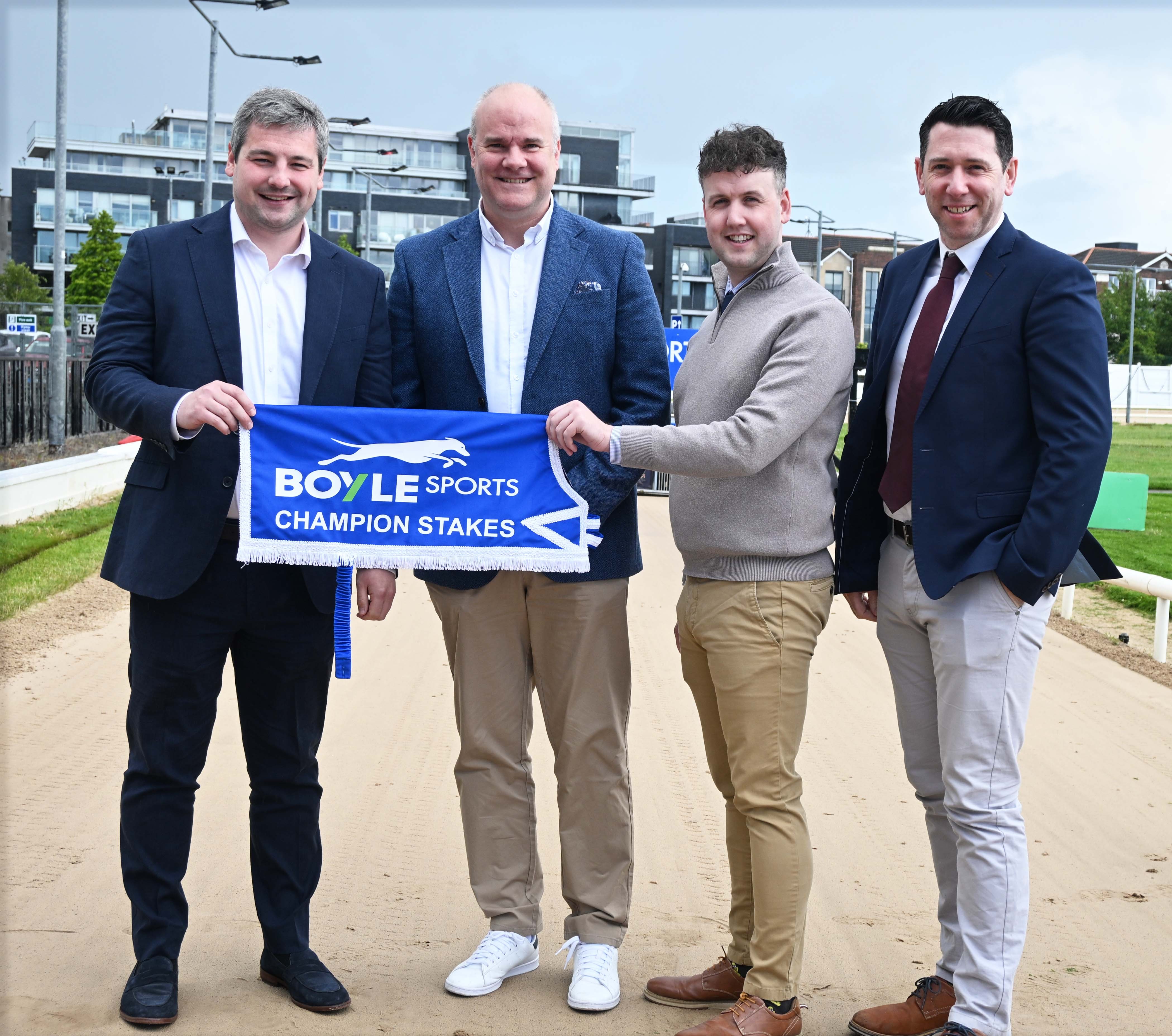 Image shows representatives Brian O’Keeffe (Media Relations, BOYLE Sports), Kieran Holden (Sponsorship Manager, BOYLE Sports), Dylan Brennan (Shelbourne Park Racing Manager) and Philip Peake (Commercial Director, Greyhound Racing Ireland) at Shelbourne Park for the launch of the 2026 BOYLE Sports Champion Stakes.