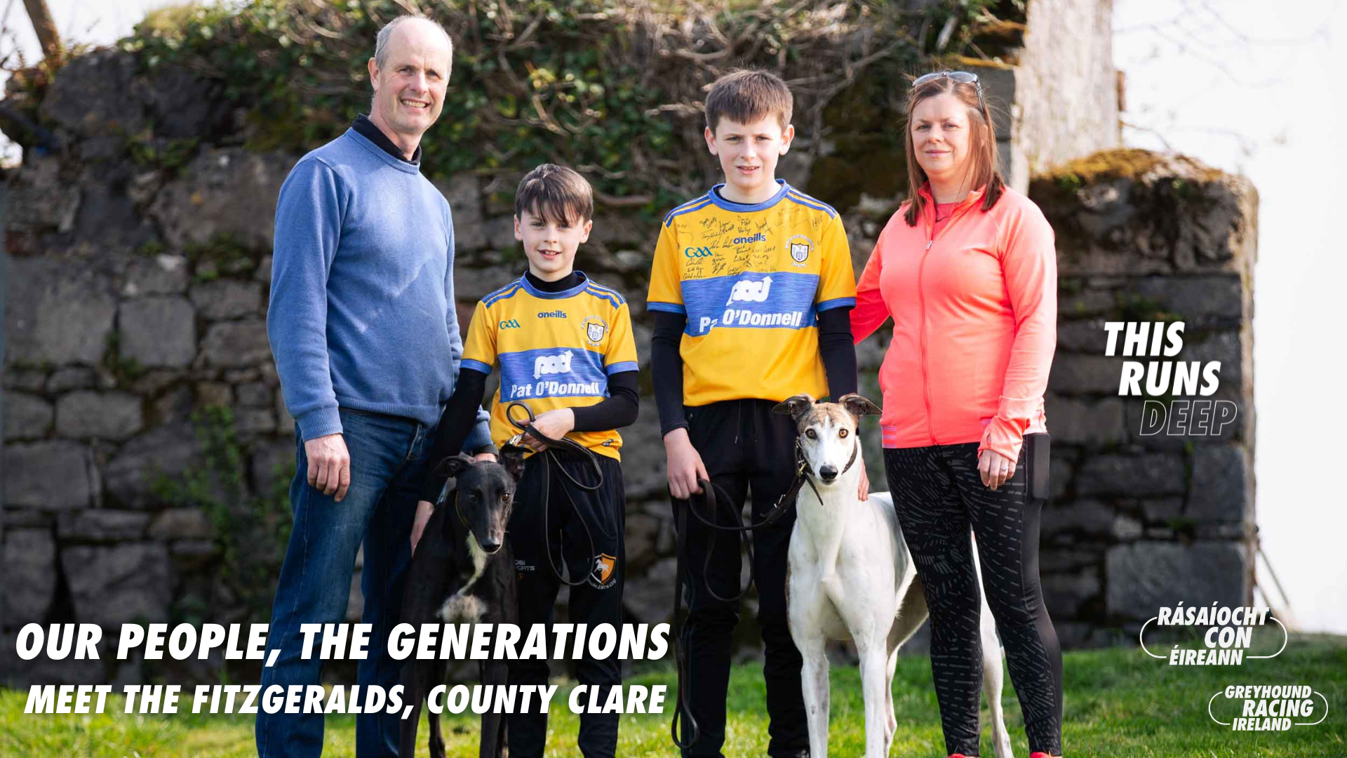 The Fitzgerald family from Parteen Co. Clare photographed with their retired racing greyhounds Holly and Ollie, photographed for the Greyhound Racing Ireland Our People, The Generations series