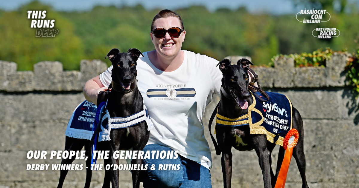 Our People, The Generations - pictured is history making trainer Jennifer O'Donnell with her two BoyleSports Irish Greyhound Derby champions, 2022 winner Born Warrior and 2023 winner The Other Kobe, at their home in Killenaule, Co. Tipperary