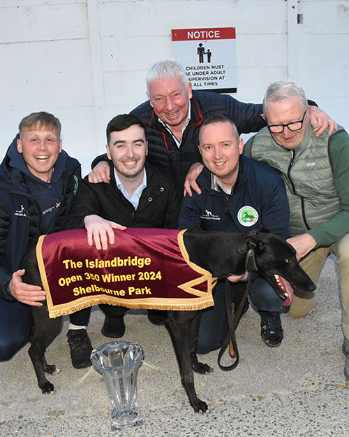 The Pillar Syndicate Jack & Larry O Shea Noel and David Byrne Pictured with "Ballinakill alf " and his Handler Timothy Holland after his victory in the Final of the 2024 Islandbridge Open 350 Final at Shelbourne Park,Photo Imelda Grauer The Pillar Syndicate Jack & Larry O Shea Noel and David Byrne Pictured with "Ballinakill alf " and his Handler Timothy Holland after his victory in the Final of the 2024 Islandbridge Open 350 Final at Shelbourne Park,Photo Imelda Grauer