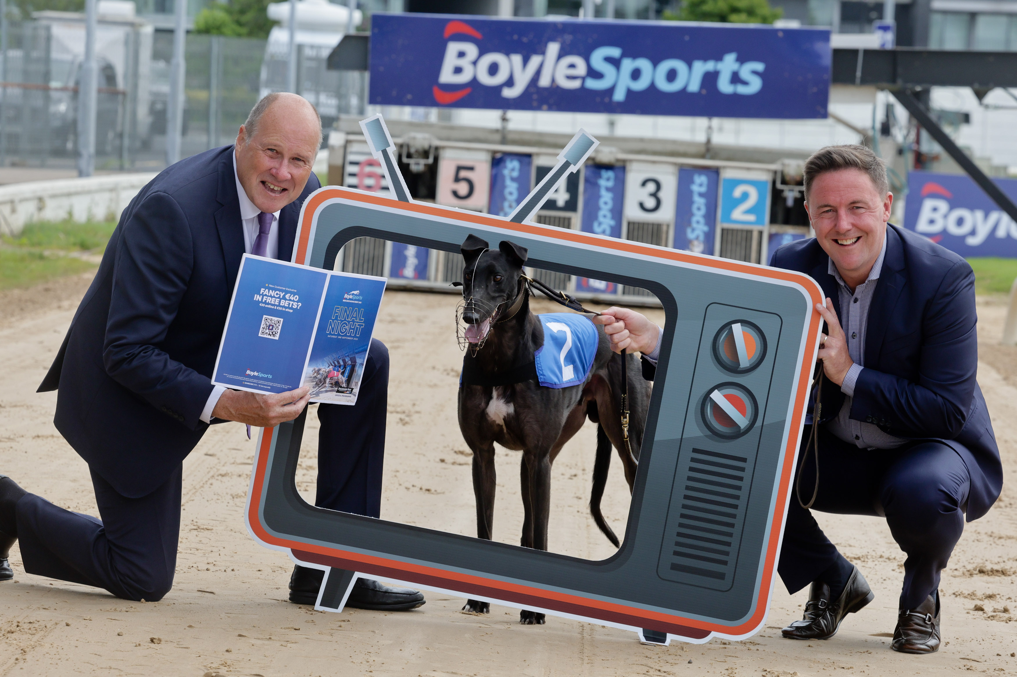Pic shows At the announcement of details of live TV coverage for the BoyleSports Irish Greyhound Derby 2023 from Shelbourne Park Greyhound stadium on Virgin Media Three on Saturday 19th, Saturday 26th August and Saturday 2nd September were programme host Ivan Yates and Leon Blanch of Greyhound Racing Ireland with racing dog Miami King 