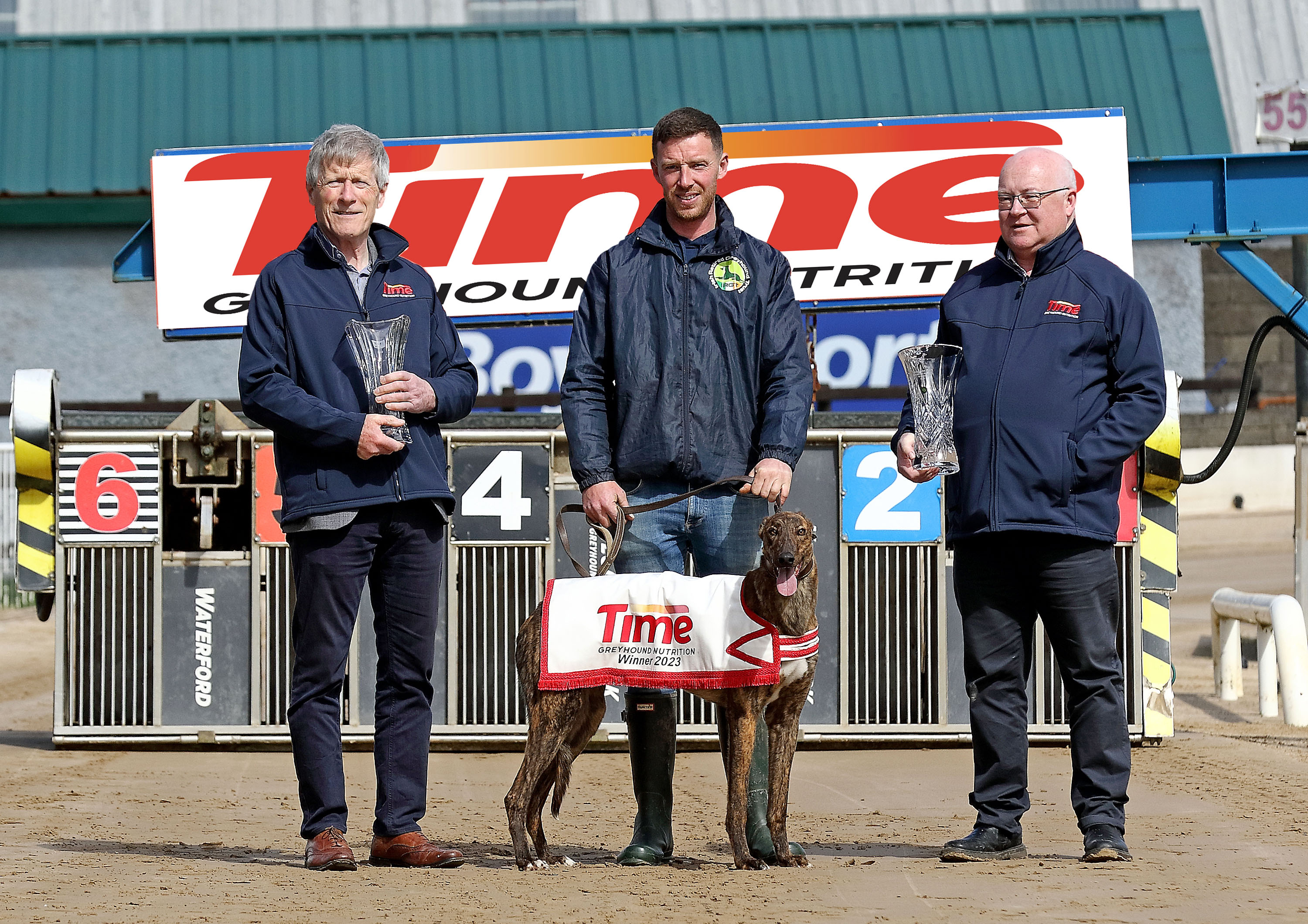 John Fox (Time Greyhound Nutrition), Willie Rigney (Time Greyhound Nutrition) and Michael Bagge and his greyhound Crack On Jack at the announcement of a series of Greyhound Racing sponsorships by Time Greyhound Nutrition including the Select Stakes, Juvenile Derby and a new Time Graders A4 525 Derby in multiple locations nationwide.  Photo:  Noel Browne - Repro Free
