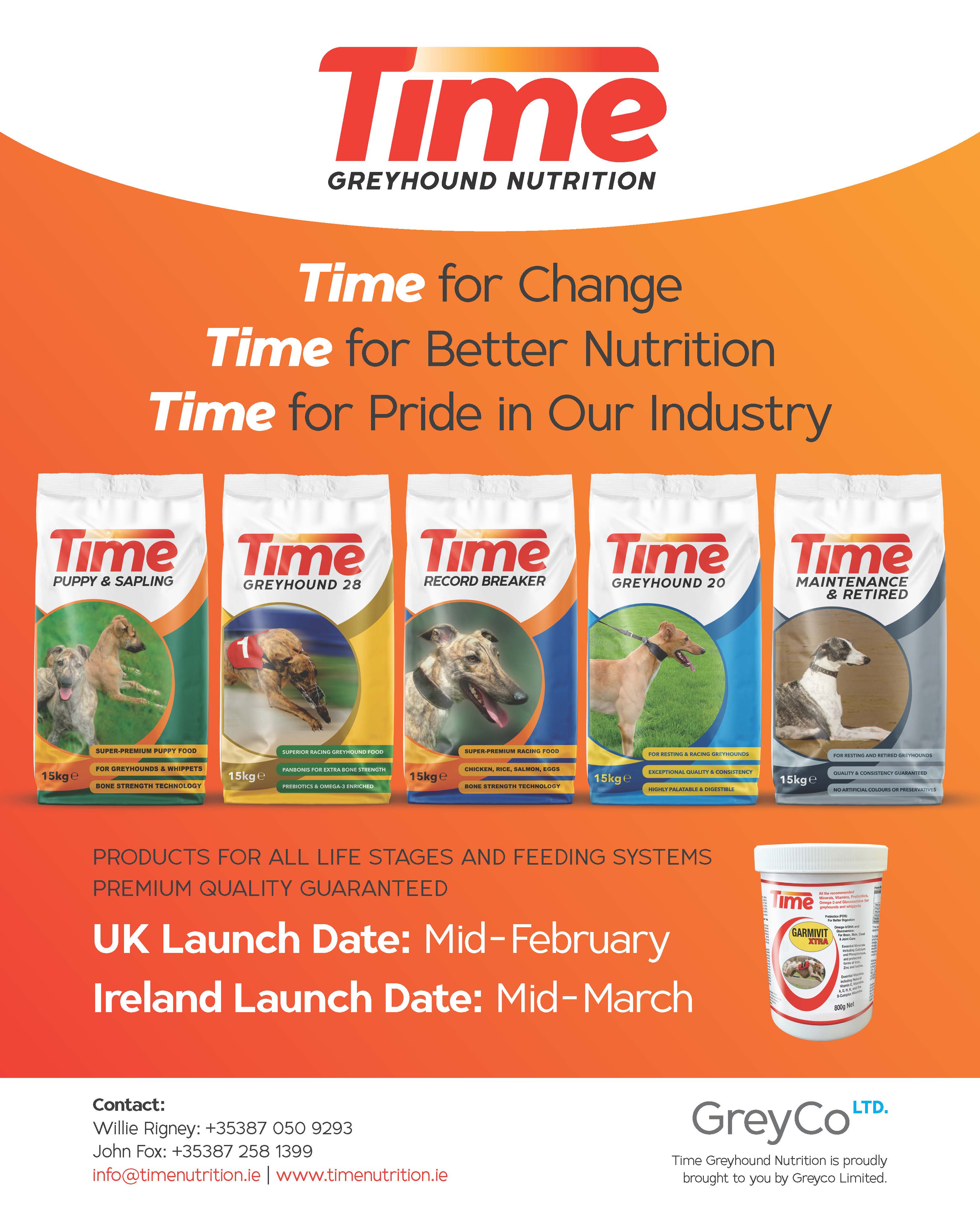 Time, brought to you by GreyCo, have been announced as the new sponsors of the Cork Cup. The greyhound feed product is due to launch to market very soon.