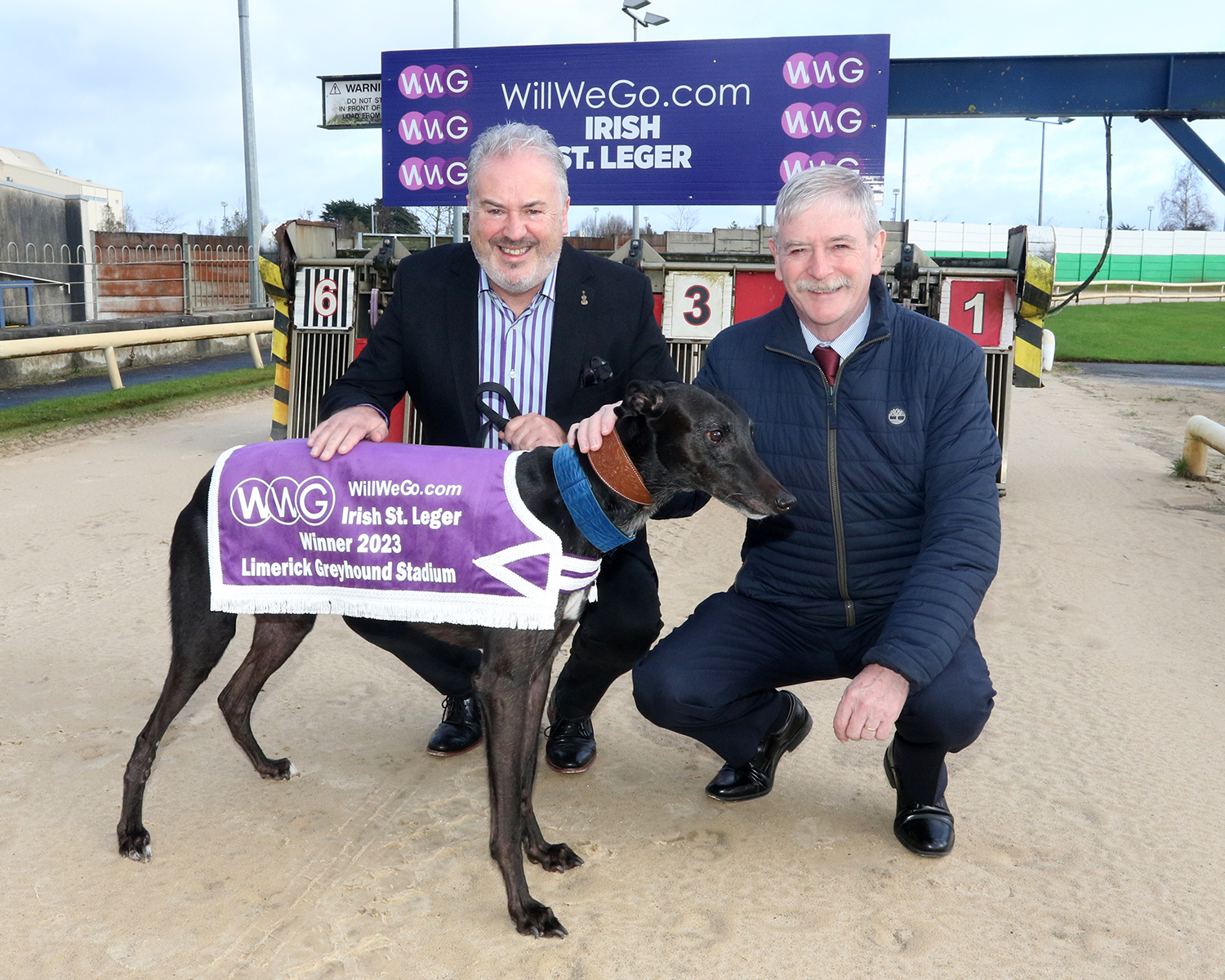 Ambassadog Sergio was joined by John Tuohey (CFO of Greyhound Racing Ireland) and Ray Quinn (Head of Venues and Entertainment at WillWeGo.com) to promote the final of the WillWeGo.com Irish St Leger this Saturday.